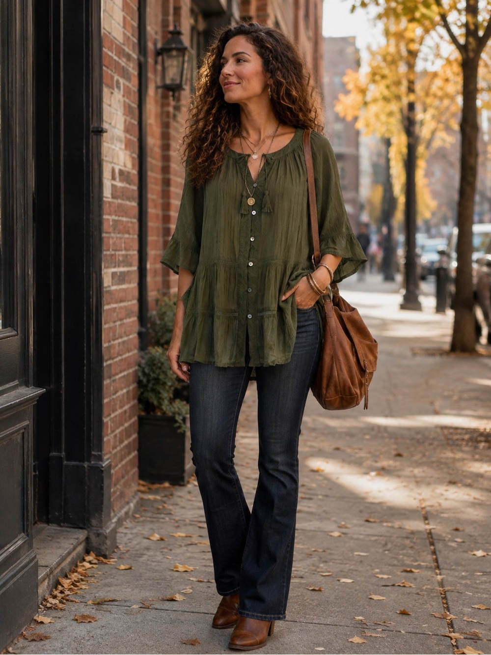 J.JILL Women's Olive Green Gauze Tiered Flowy Peasant Top M
